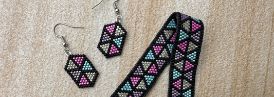 Close up of peyote bead bracelet and earrings.
