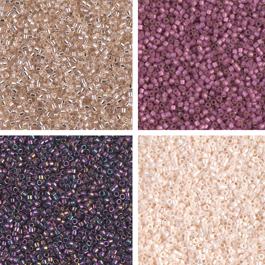 Close up of four colours of Miyuki beads.