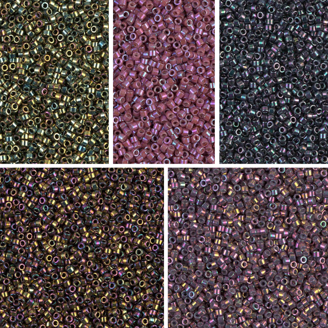 Close up of five colours of Miyuki Delica beads
