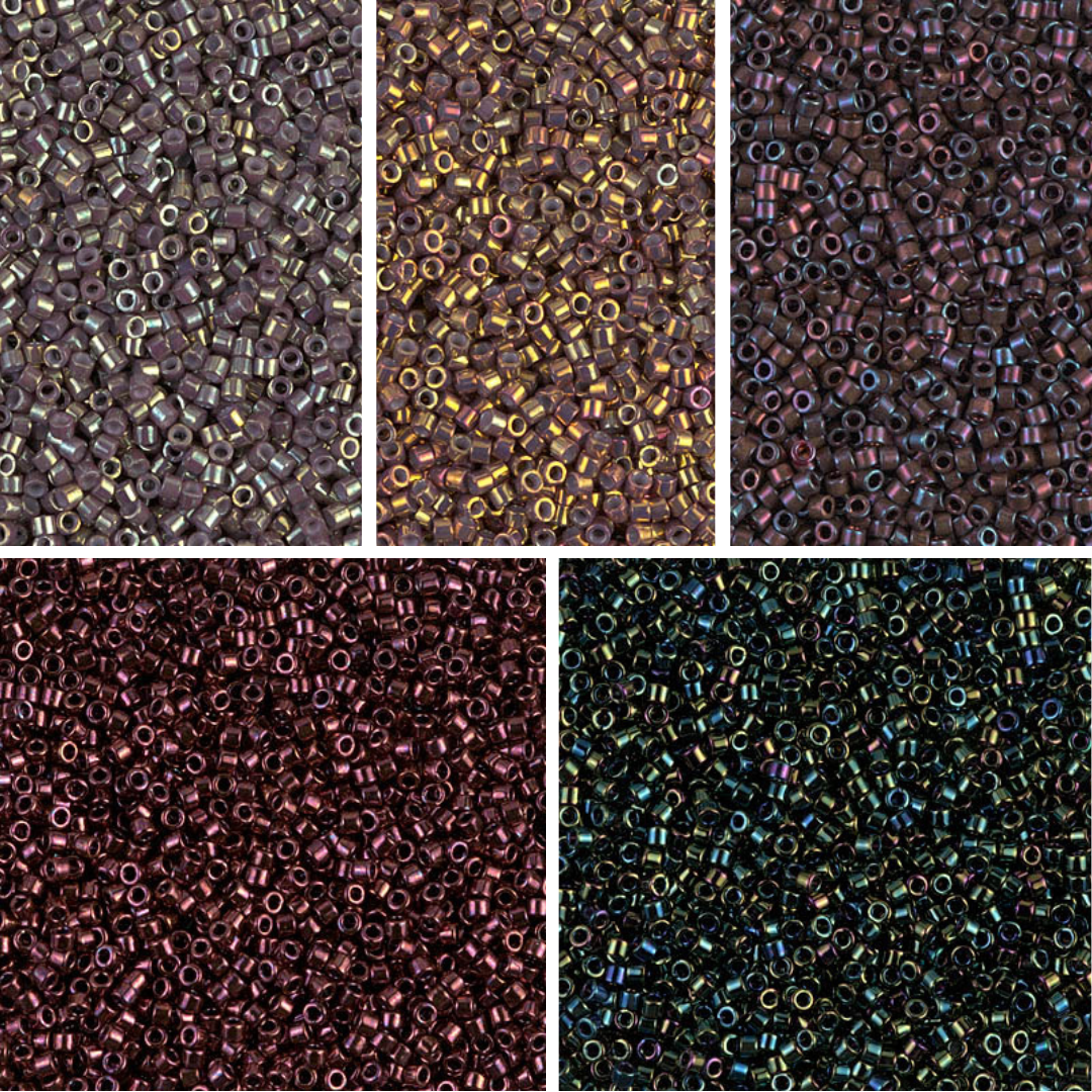 Close up of 5 colours of beads