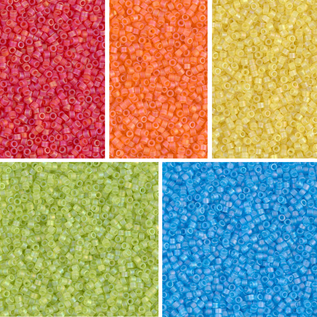 Close up of five colours of Miyuki Delica beads.