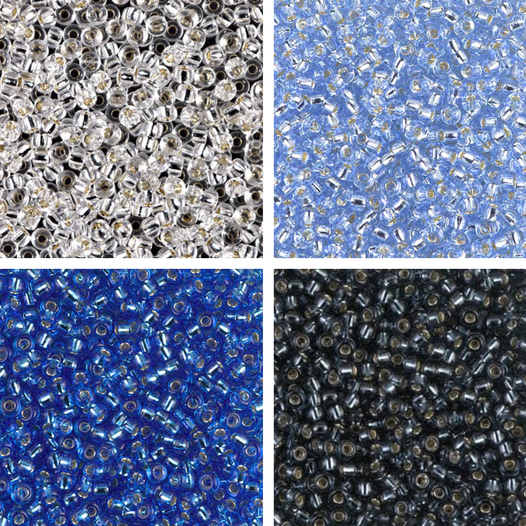 Close up of four colours of Miyuki beads.