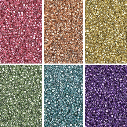 Close up of six colours of beads