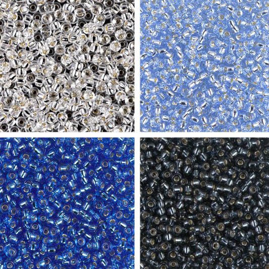 Close up of four colours of Miyuki beads.